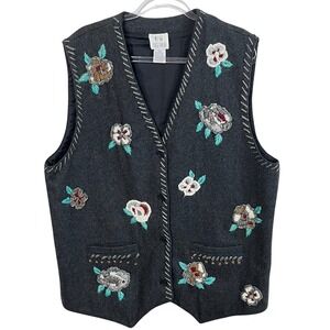 Vintage Together L Charcoal Gray Embroidered WOOL Blend Women's Vest Size XL